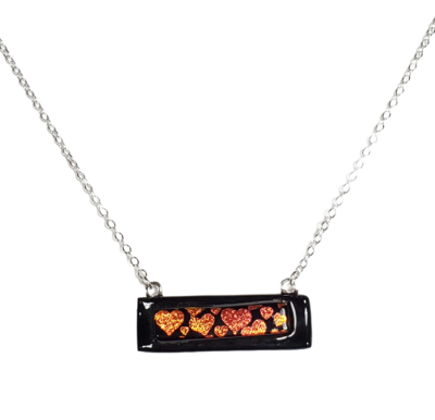 Dichroic Hearts on Black Fused Glass Bar Necklace