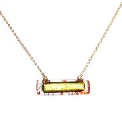 Dichroic golden yellow on red stringers and clear fused glass bar necklace
