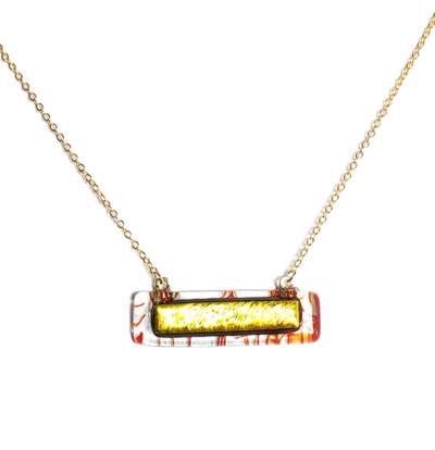 Dichroic Golden Yellow on Red Stringers and Clear Fused Glass Bar Necklace