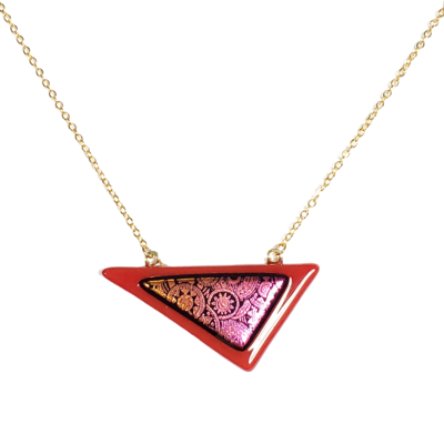 Abstract red dichroic fused glass triangle necklace