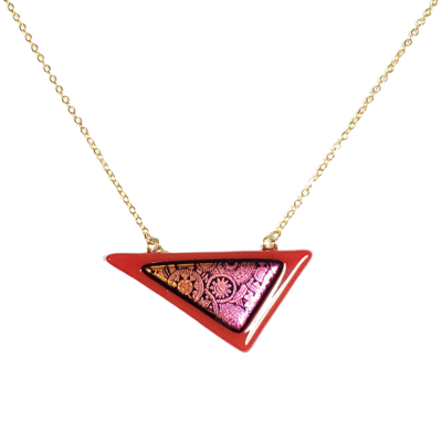 Abstract Red Dichroic Fused Glass Triangle Necklace