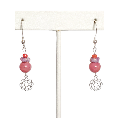 Pink opal, purple pressed glass, and flower charm earrings - Thumbnail 3