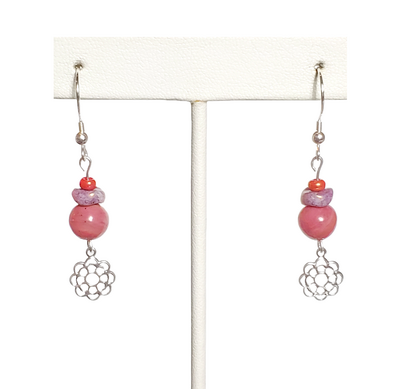 Pink Opal, Purple Pressed Glass, and Flower Charm Earrings