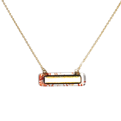 Yellow dichroic on red stringer and clear fused glass bar necklace