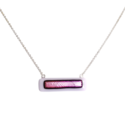 Dichroic pink circles on pink fused glass bar necklace