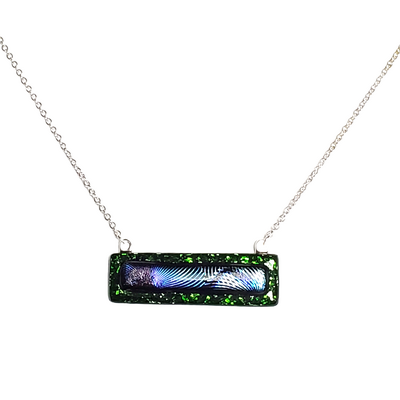 Dichroic geometric on green sparkle fused glass bar necklace
