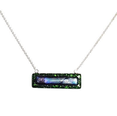 Dichroic Geometric on Green Sparkle Fused Glass Bar Necklace