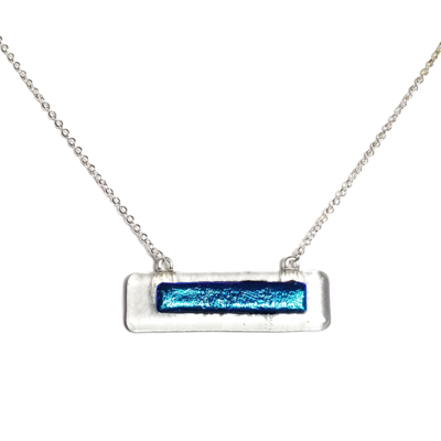 Blue dichroic on clear fused glass bar necklace