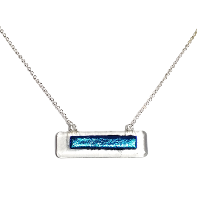 Blue Dichroic on Clear Fused Glass Bar Necklace