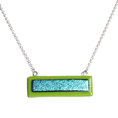 Dichroic blue on kelly green fused glass bar necklace - Thumbnail 2