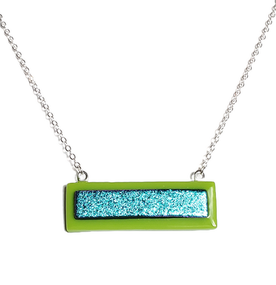 Dichroic Blue on Kelly Green Fused Glass Bar Necklace