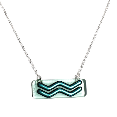 Dichroic blue waves on iridescent blue fused glass bar necklace - Thumbnail 2