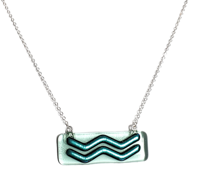 Dichroic Blue Waves on Iridescent Blue Fused Glass Bar Necklace