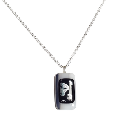 Silver dichroic skulls on smoky white fused glass pendant necklace - Thumbnail 2