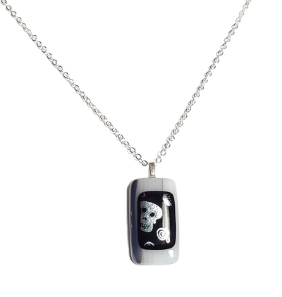 Silver Dichroic Skulls on Smoky White Fused Glass Pendant Necklace