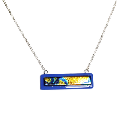 Dichroic abstract on cobalt blue fused glass bar necklace - Thumbnail 2