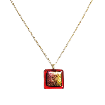 Dichroic orange red circles on iridescent transparent red fused glass pendant necklace - Thumbnail 3