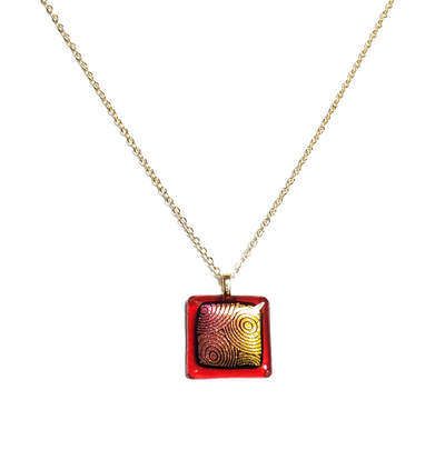 Dichroic Orange Red Circles on Iridescent Transparent Red Fused Glass Pendant Necklace