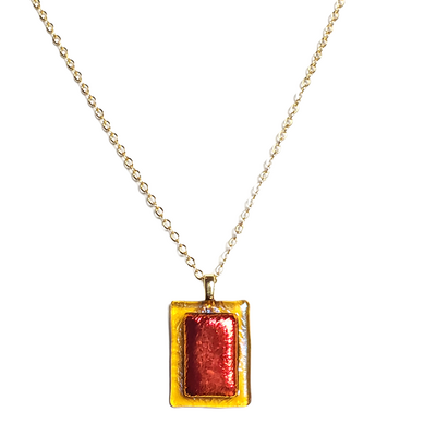 Dichroic red on amber fused glass pendant necklace