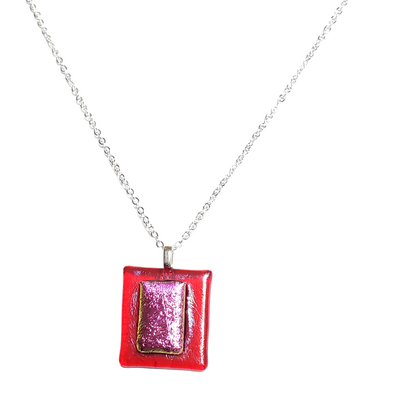 Dichroic pink on iridescent transparent red fused glass pendant necklace