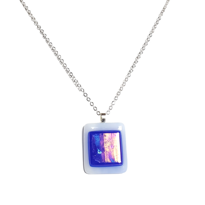 Iridescent blue on light blue fused glass pendant necklace - Thumbnail 2