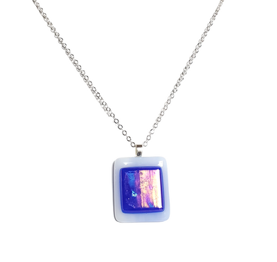 Iridescent Blue on Light Blue Fused Glass Pendant Necklace
