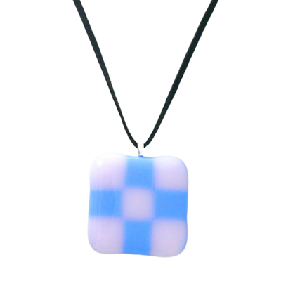 Blue and pink checkerboard fused glass necklace - Thumbnail 2