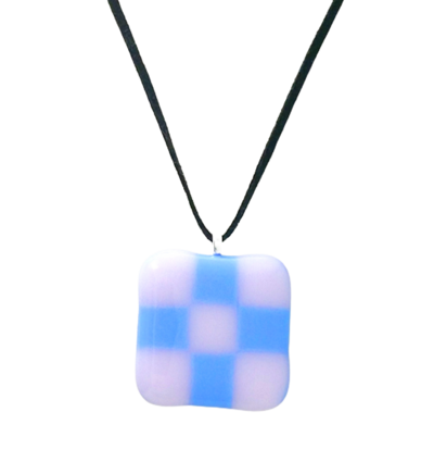 Blue and Pink Checkerboard Fused Glass Necklace