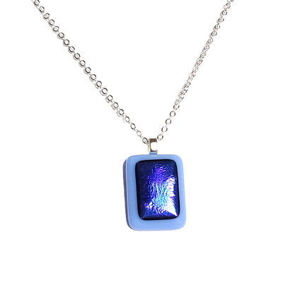 Dichroic deep purple on blue fused glass pendant necklace