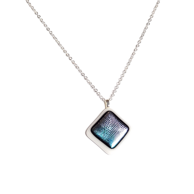 Dichroic silver blue  geometric on white fused glass necklace