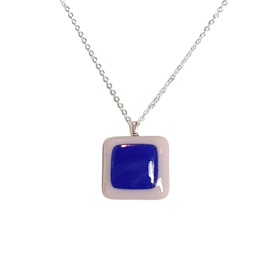 Cobalt blue on lavender fused glass pendant necklace