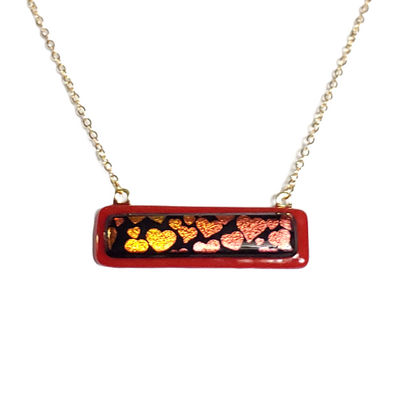 Dichroic hearts on crimson fused glass bar necklace
