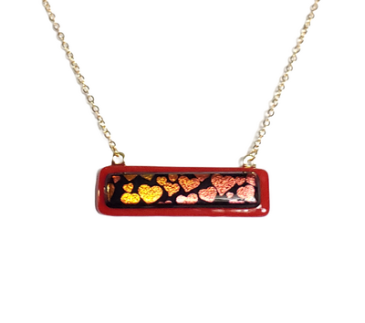 Dichroic Hearts on Crimson Fused Glass Bar Necklace