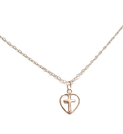 Sterling Silver Cross in Heart Necklace with Adjustable Chain