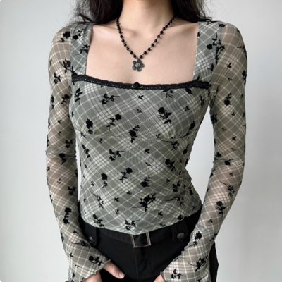 Vintage flocked plaid square neck long sleeve t-shirt - Thumbnail 5
