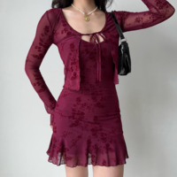 Burgundy Embroidered Suspender Dress Cardigan Two-Piece Set - Thumbnail 2