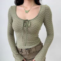 Ballet Style Bow U-Neck Long Sleeve Tie T-Shirt - Thumbnail 1