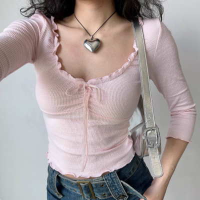 Ballet style bow low-cut round neck waffle t-shirt - Thumbnail 5