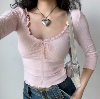 Ballet Style Bow Low-cut Round Neck Waffle T-shirt