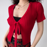 Simple V-neck short-sleeved tie red knitted cardigan - Thumbnail 1