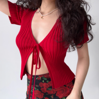 Simple V-neck short-sleeved tie red knitted cardigan - Thumbnail 2