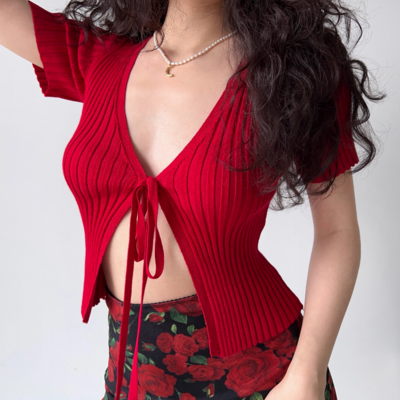 Simple v-neck short-sleeved tie red knitted cardigan