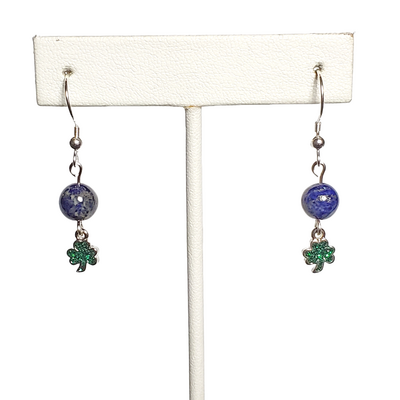 Lapis lazuli and green shamrock clover earrings with sterling silver hooks