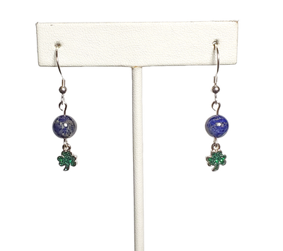 Lapis Lazuli and Green Shamrock Clover Earrings with Sterling Silver Hooks