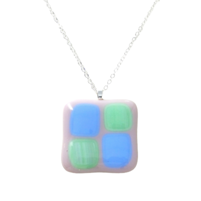 Green blue on lavender fused glass necklace