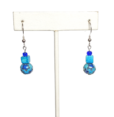 Blue Star Cloisonne and Magnesite Earrings with Sterling Silver Hooks