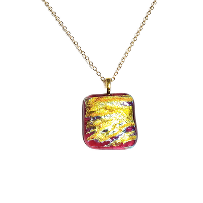 Dichroic fire on red fused glass pendant necklace