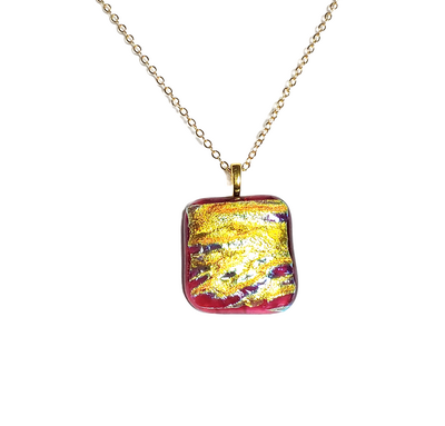 Dichroic Fire on Red Fused Glass Pendant Necklace