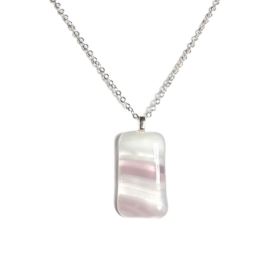 Pink and white stripes fused glass pendant necklace