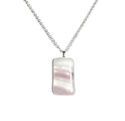 Pink and White Stripes Fused Glass Pendant Necklace